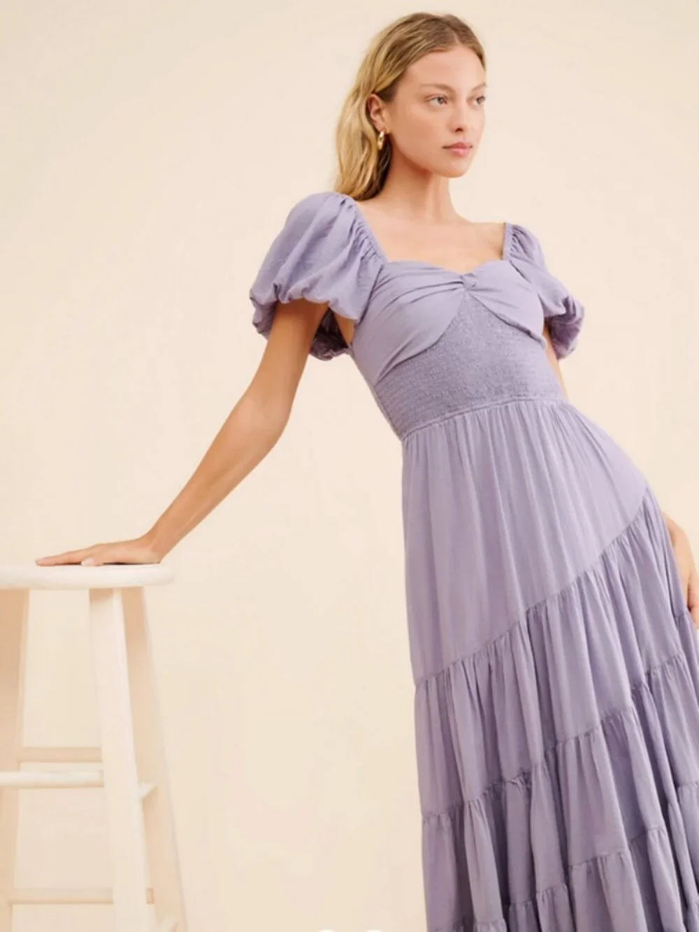 Free People Lavender Puff-Sleeve Tiered Maxi Dress NWOT, S
